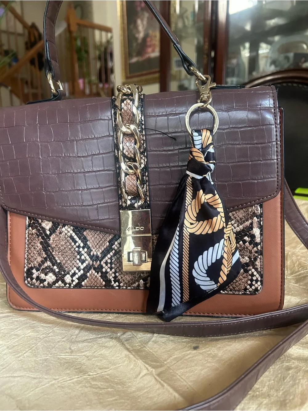 ALDO Brown & Tan Croc-Embossed Satchel with Snake-Print Accent